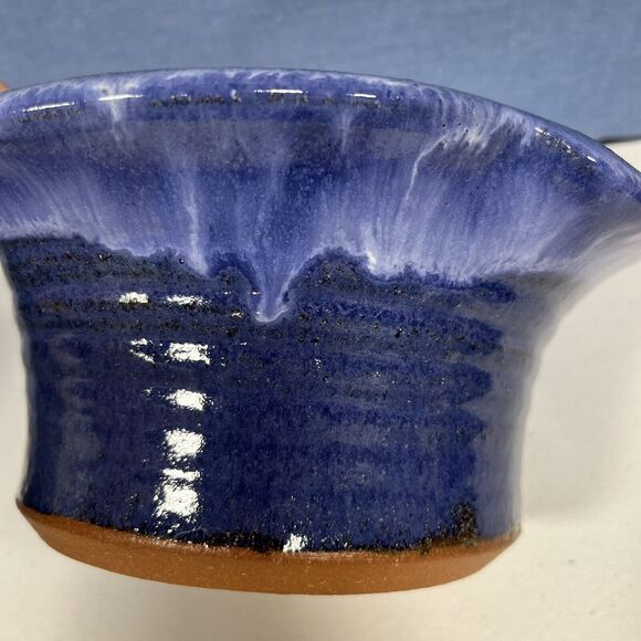 Signed Handmade Pottery Bowl Vase Cobalt Blue Clay bottom Drip Art Studio 8" - Picture 6 of 8